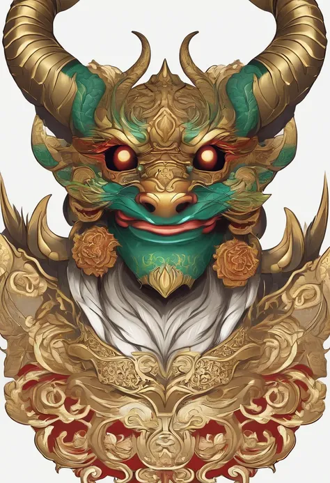 Sticker illustration on white background, Leprechaun face paint in the shape of a dragon, Pintura em estilo oriental, tengu mask, demon samurai mask, Asura em mitologia chinesa, Estilo de contorno arrojado, bordas irregulares, lixeira, sombreamento claro -...