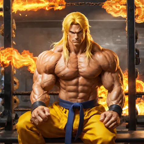 masterpiece,best quality,highres,Ken from street figher,bara,lifting fire ,naked,sitting ,erected big vein, fire around hands ,full of masculinity,manly,mature,handsome,huge,muscular,strong,in gym, street fighter, ken with long yellow hair (sf), nsfw