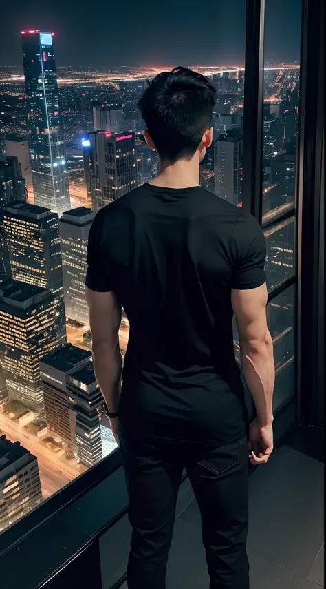 1boy, tall muscular, wearing black tshirt, standing in building, looking at night city, night time, beautiful night city view, back side view