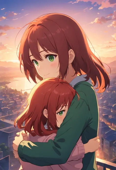 Meisterwerk, best qulaity, Standbild, 女の子1人, cloud girl, im Himmel schwebend, Nahaufnahme, hell, happy, warmes, sanftes Licht, Sonnenuntergang, (Funken: 0,7) A boy with brown short hair and brown eyes hugging a girl with long red hair and green eyes