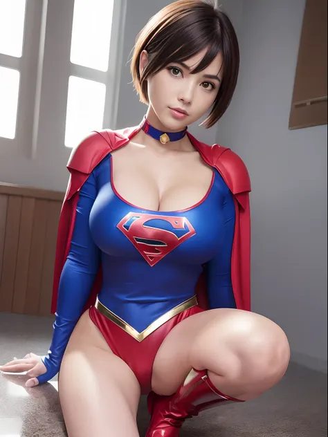 (Best Quality,4K,8K,hight resolution,masutepiece:1.2),Ultra-detailed,Realistic:1.37,masutepiece,Short-haired Supergirl crossing her legs and showing off to the camera、large full breasts、Looking at the camera、Glossy costume、a choker、Shiny bright red enamel ...