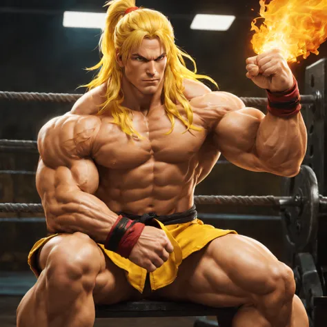 masterpiece,best quality,highres,Ken from street figher,bara,lifting fire ,naked,sitting ,erected big vein, fire around hands ,full of masculinity,manly,mature,handsome,huge,muscular,strong,in gym, street fighter, ken with long yellow hair (sf), nsfw