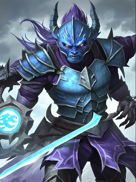 An Orc warrior in purple and blue armor with scarier features and more realistic features. Ill make you dress up as a dragon warrior with a sword in one hand and a shield in the other hand,aterrorizador,Mortal,sangrento,gelo,fogo,vento Estilo Anime Bleach