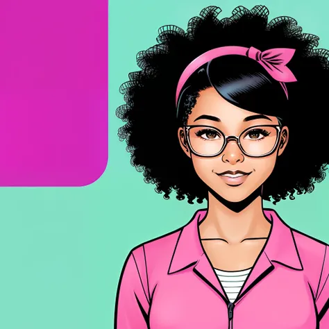 a young adult African American girl with mocha colored skin, she has curly white hair, with a cute pink y2k outfit and matching glasses. In a comic book style