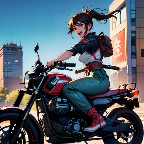 (30 year old american woman riding moto guzzi through city), brown hair, riding through city corner, (braided ponytail) , ((stri...