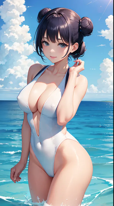 Unparalleled beauty, Lustrous and firm skin, Beautiful and nice girl,kindly smile,ultra-high-cut white one piece swimsuit,blue Shorthair,Bun hair