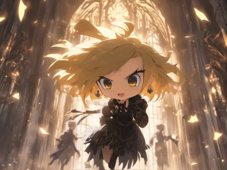 ((Chibi、Mini、Blunt bangs、Ash Gold Hair、a short bob、discreet breasts、Intricate Gothic décor、Black and white gothic dress)):1.5、full body Esbian、Concept sheet、masuter piece、超A high resolution、Looking at the camera、Angle from above、jumpping、dash、acrobatic pos...