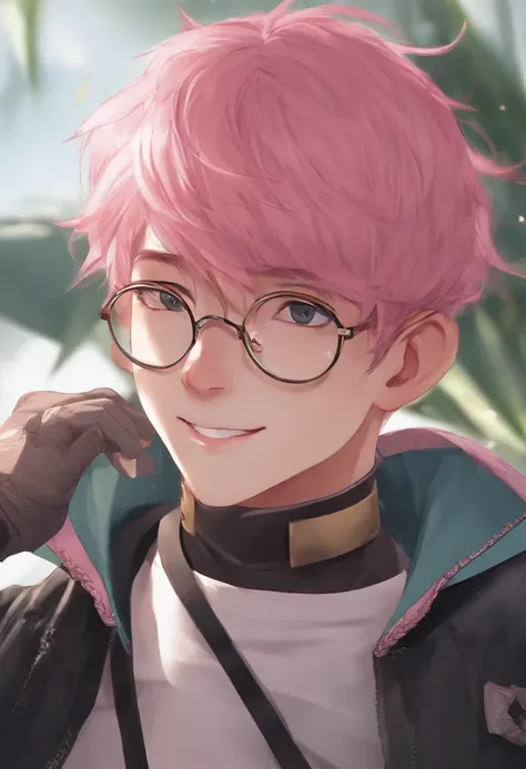 1 boy with pink hair and glasses staring at the camera while smiling (best quality, beruka, gauntlets)