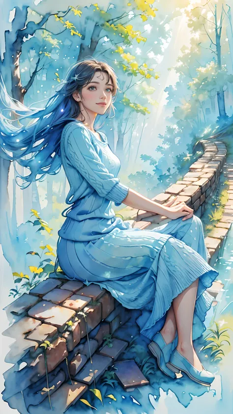 8K,​masterpiece,top-quality, (From the top:1.6) ,(close up:1.1),Dynamic Pose,Sitting on a brick in the forest,Beautiful woman at 30 years old,Portrait, light, Long hair, A smile, watercolor paiting (Medium),watercolor paiting,(Plain short-sleeved light blu...