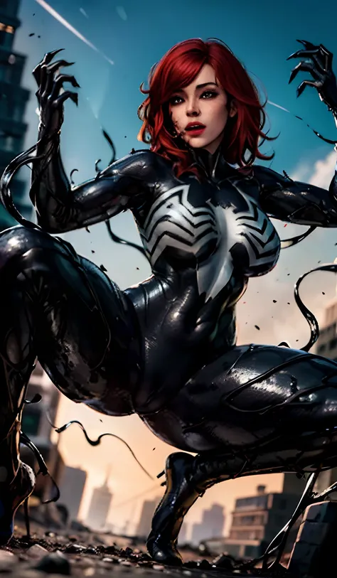 4K，realisticlying，Glamorous，The is very detailed，There is a girl in Dingcheng，Red hair，Wearing a black Spider-Man costume，（Black and white：1.4） the night,symbiote，venomize，a large amount of mucus,she is a spiderman，Black superhero theme，In front of the sky...