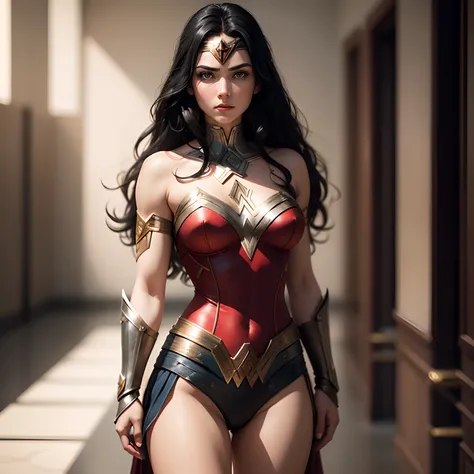 (CG Unity 8K wallpaper in extreme detail，tmasterpiece，Highest image quality)，(Delicate light and shadow，The picture is highly dramatic，Cinematic lens effect)，A girl in a white Wonder woman costume，Black hair color，From the Wonder woman parallel universe，We...