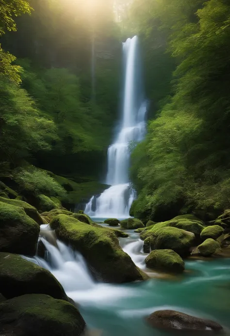 The background is a waterfall. Water rises from the waterfall basin as a dragon.