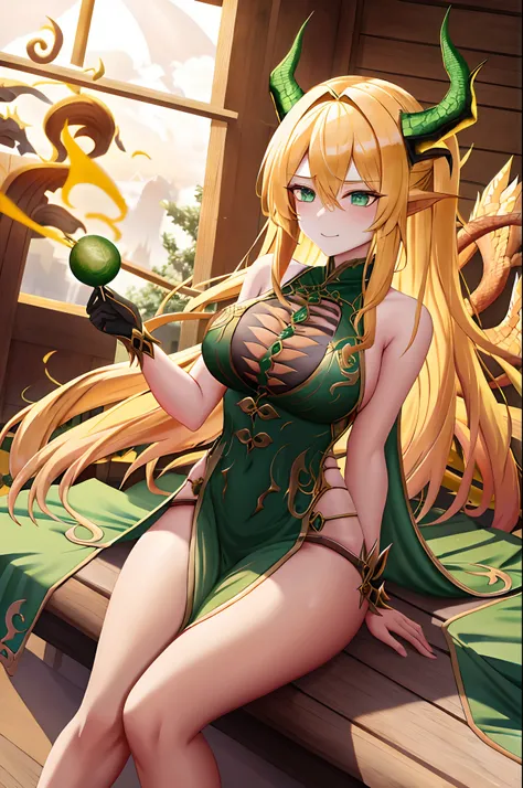 Golden hair, Green eyes, Dragon wings, Dragon horns, Dragon Tell, Female