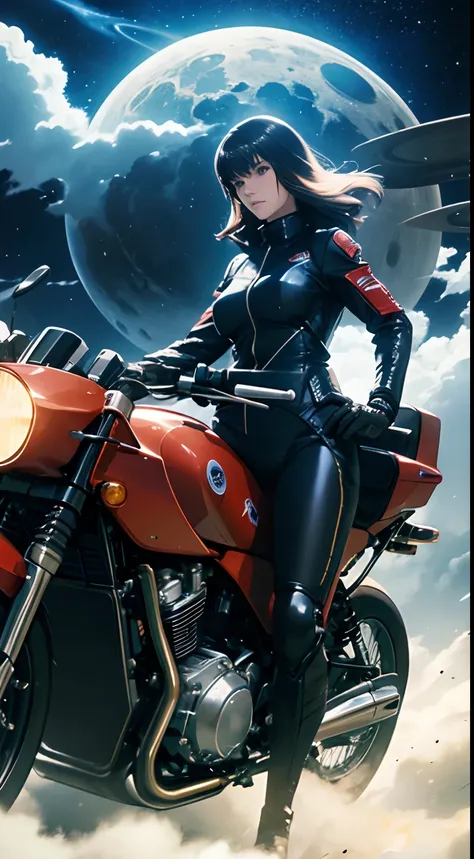 Jim Burns, Charles Doyle, Surreal, mysterious, strange, fantastical, fantasy, Sci-fi, Japanese anime, lady in a rider suit riding a motorcycle, galaxy, clouds, moon, planets, detailed masterpiece depth of field cinematic lighting high resolution definition...