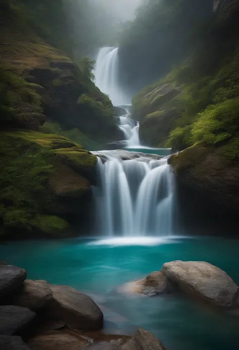 The background is a rocky waterfall. A dragon with the texture of water rises from the basin