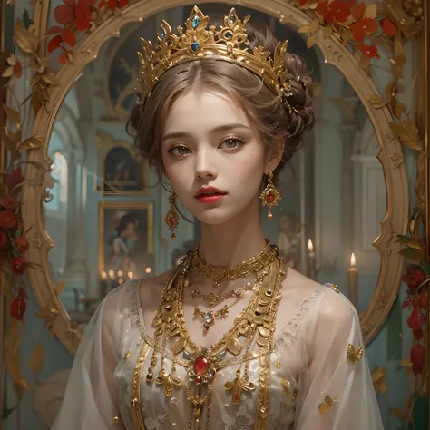 It appears to be a portrait of a beautiful female character. Woman standing in moonlight in room with gorgeous golden interior. On her head she wears a silver crown,, Around her neck, she wears a red lace collar and a necklace adorned with jewels. Her outf...