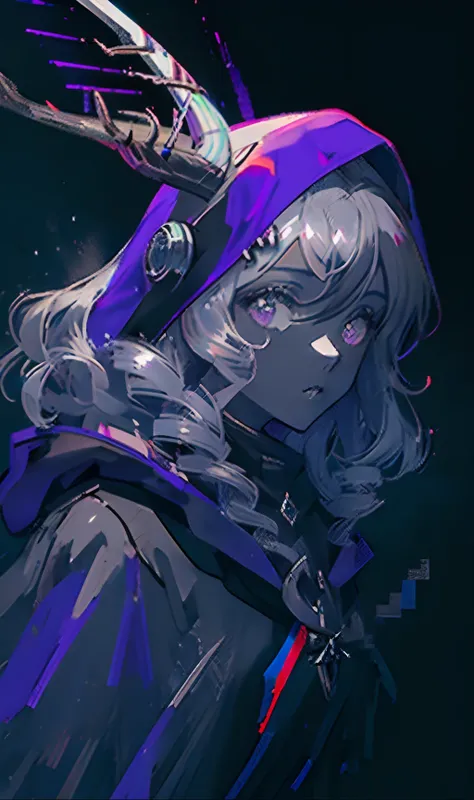 Single portrait，Black-skinned female，with black curled hair，Cloud curls，long whitr hair，The witchs purple hooded cloak，Witch-like mark，deer antlers