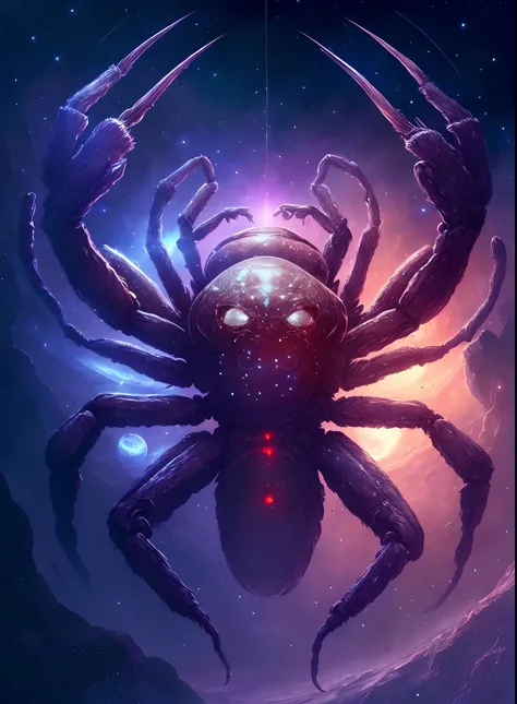 There is a large spider in the middle of the space,  epic fantasy sci fi illustration, cosmic horror concept art，Cancer，Cancer，，Big pliers，Cancer in the universe，k hd，2D，