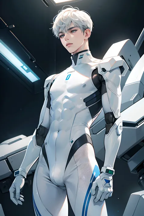 (masterpiece,high resolution,ultra - detailed:1.0),1(boy,robot boy),Perfect male body,Look at the camera,Delicate eyes and delicate face,Extremely detailed CG,Unity 8k wallpaper,Complicated details,solo person,Detailed face, (white futuristic skin tight bo...