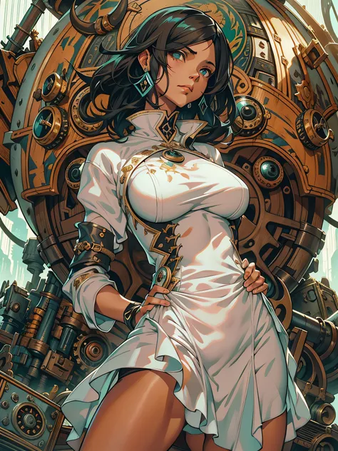 Pose sugestiva, cor preto do cabelo, random eyes color, Pintura Tenebrist Art Style, oil on the canvas, (((Gigantic flaccid chest ,Cameltoe muito marcado))), Steampunk airship background landscape, Detalhes intrincados de roupas steampunk completas, WLOP, ...