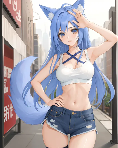 chaesu-minah, 1girl, solo, white crop top, sleeveless, cleavage, medium breasts, athletic body, ((open shorts, showing panties, panty straps:1.2)) hands on hips, blue eyes, blue hair, 8k, high resolution, shallow depth of field, high detailed, in the stree...