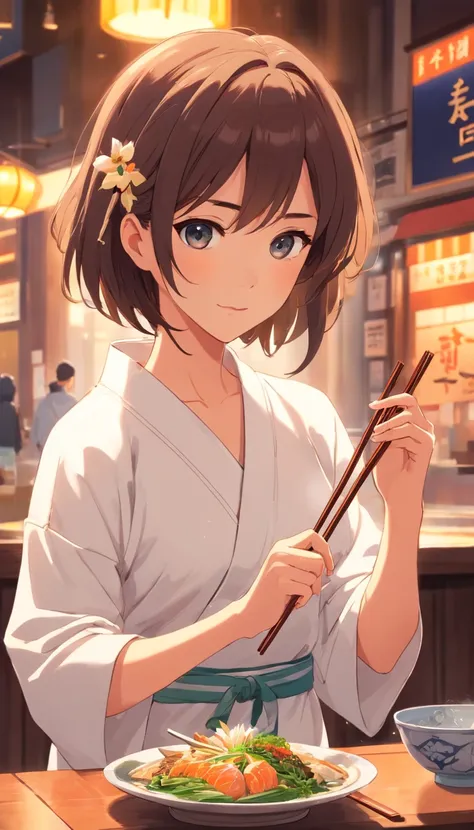 Chopsticks in hand，dine，white  clothes，Super detail, High details