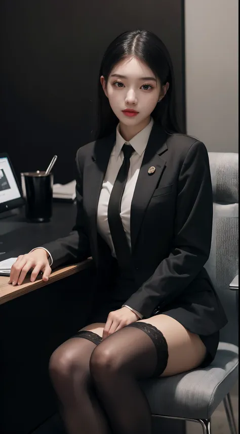 8K, RAW photos, Best quality, Masterpiece: 1.2),(best qualtiy，8K, Yes，32K，masterpiece，hyper HD：1.2) , 20 years old, there is a woman sitting in a chair wearing a suit and stockings, wearing a strict business suit, wearing business suit, wearing black busin...