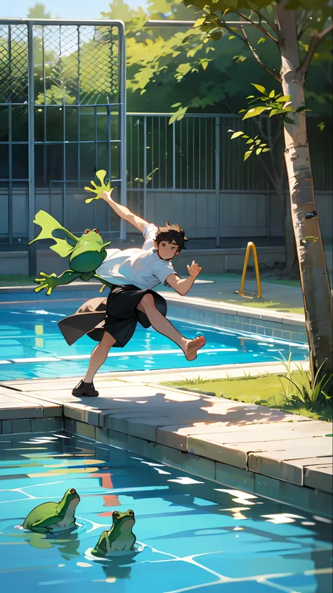 a guy kicking a frog while the frog jumps, man on a lawn near a swimming pool --auto --s2