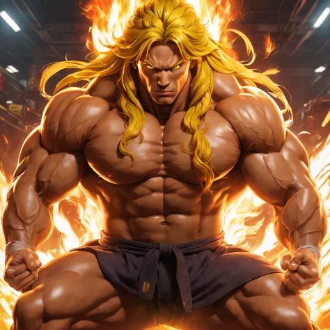 masterpiece,best quality,highres,ken from street figher,bara,lifting fire ,naked,sitting ,erected big vein, fire around hands ,f...