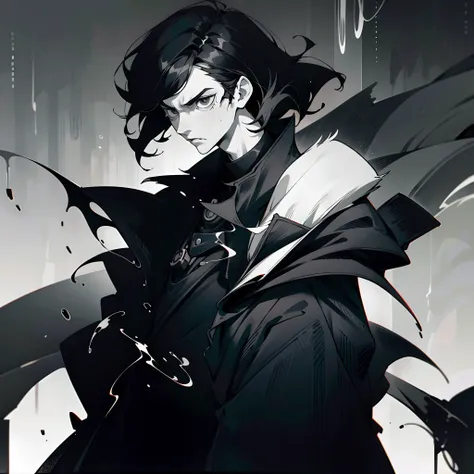 ((solo)), pale skin boy, around his 20s, messy black hair, black coat, evil serious face expression, thin lips, black eyes, ((monochromatic)), simple background