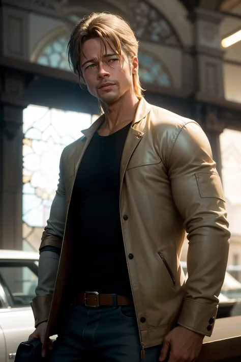 A famous actor, Brad Pitt, stands in front of the Quiapo Church, wearing a casual outfit. The church is a magnificent backdrop with its intricate architectural details and vibrant stained glass windows. The warm, encouraging tone of the scene reflects the ...