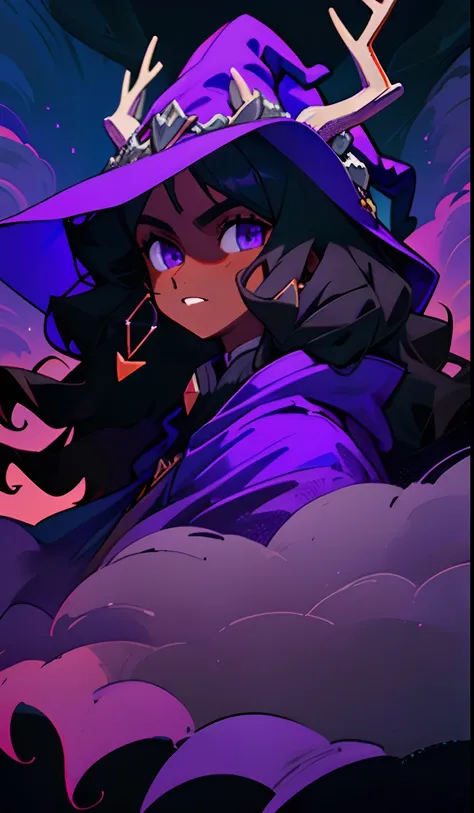 Single portrait，Dark-skinned women，with black curled hair，Cloud curls，long whitr hair，Witchs purple hooded cloak，Witch-like mark，deer antlers