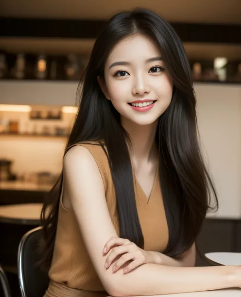 ((Top quality, 8K, Masterpiece: 1.3)), Beautiful girl, Pure, Melon face, Kind and cute, Sweet smile, Pure desire, Slender body, (Front), (Tilted head), ((Looking at camera) ), wearing a amber colored suit, black silky long hair, long flowing shoulders, rou...