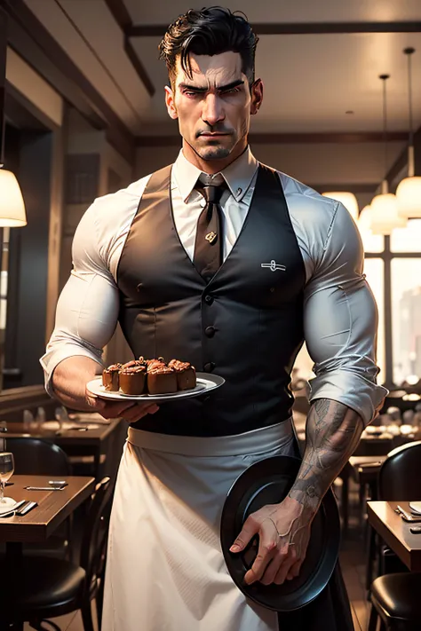 "Generate a unique and amusing depiction of The Punisher transformed into a dinner waiter. Visualize The Punisher dressed in a classic waiters uniform, complete with a white shirt, bowtie, and a black apron. He should maintain his trademark intense and ser...