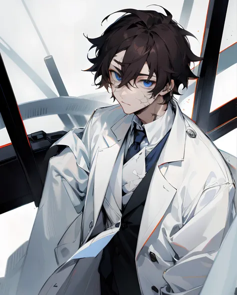 A young doctor man in a white coat, detailed eyes, anime, has old scars on his face, dark hair, dark scars