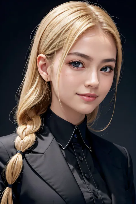 Portrait of a European girl、独奏、20yr old、beautiful countenance、a smile、Usserbody、Hair above one eye、medium sidecut、blonde  hair、foco nítido、Black business suit、​masterpiece, top-quality, hightquality, hight resolution、Black theme、