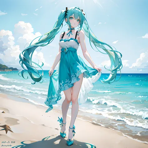 blue green hair，long whitr hair，Low Twin Tails，Turquoise eyes，By bangs，adolable，teens girl，Wear a beautiful dress，wearing high heels on feet，fully body photo，All body，Fingers and arms are not exposed，Background sandy beach，