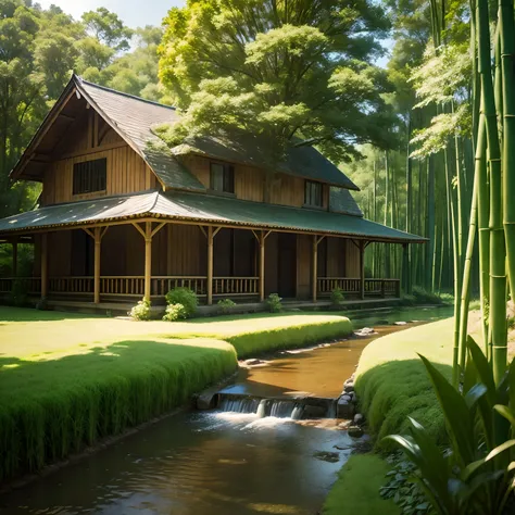 There is a bamboo forest next to the old house in the countryside, and a stream in front of the house