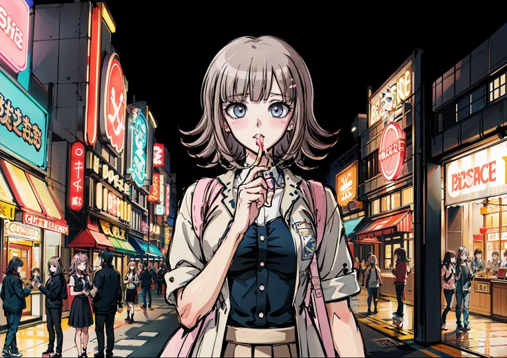 chiaki nanami eating lollipops, amusement park background, little blush, (masutepiece, best quality)、a blond、blue eyess