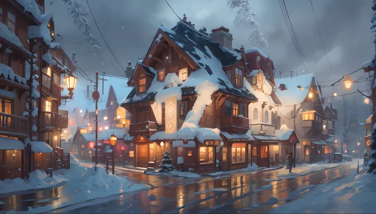 Snowy street scene with buildings and street lights in the background, Arte conceitual de inverno, inspired by Andreas Rocha, andreas rocha style, a multidimensional cozy tavern, Stylized concept art, Detailed 4K concept art, the style of andreas rocha, 4k...