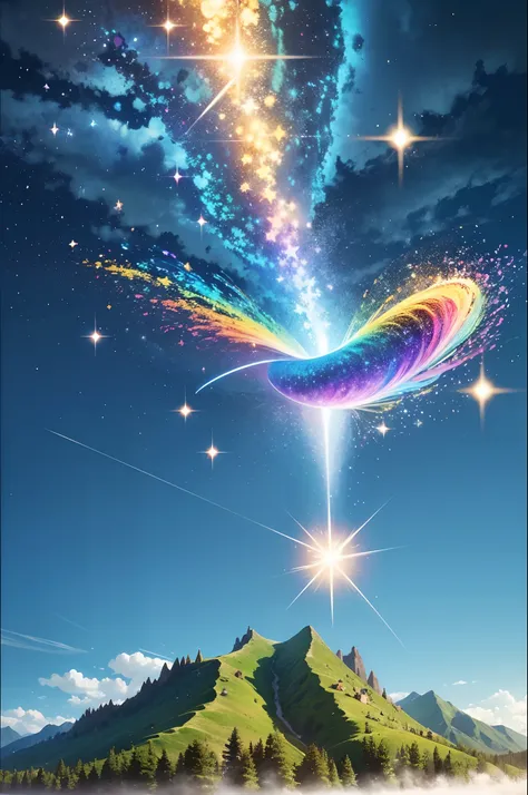 fast moving spirits multi colored sphere’ s shooting fast in the  sky high and joyfully, leaving a  golden motion   tail ‘s of colorful sparkles dissipating as they go behind them , blue sky’s beautiful clouds, amazing mountains,  trees, waterfalls lake,  ...