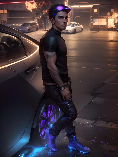 change back ground cyberpunk handsome boy, realistic face, 8k ultra realistic and glamber