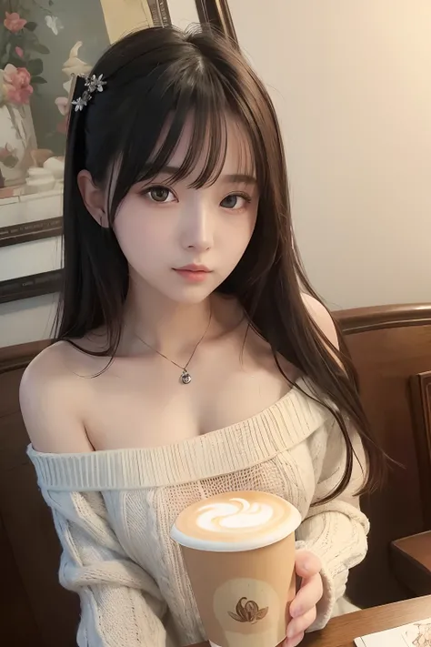 (best quality:1.3), (masterpiece:1.3), (ultra detailed:0.8), (illustration), 1girl, beautiful girl, cute, charming, looking at viewer, solo focus, ((coffee)), off-shoulder sweater, black hair, evil