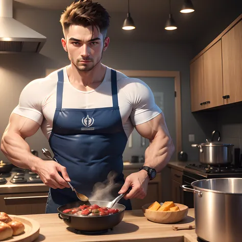 Man cooking, high-level image quality, 4K, vivid, detaileds, My hobby is muscle training