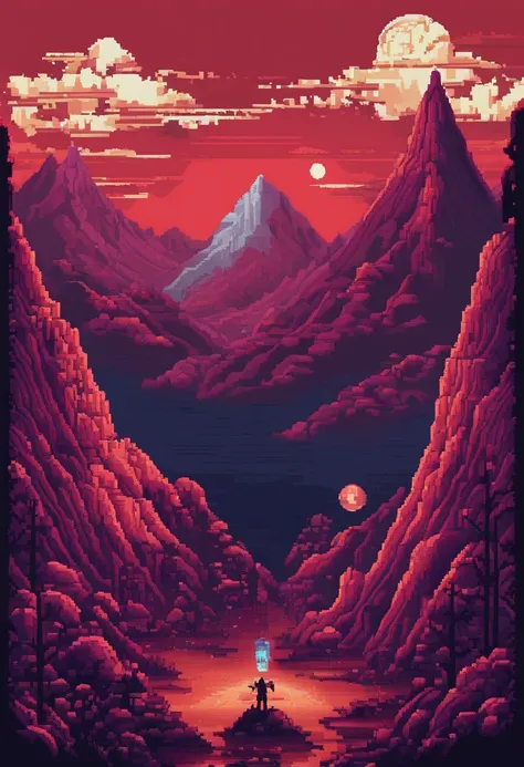 A mountain filled with dead monsters,blood moon,very detailed pixel art,futuristic,