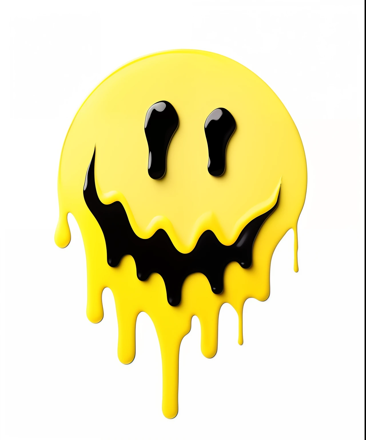 Yellow melted smiley face with black eyes and mouth, melting face, paint drips, melting paint drips, toxic drips, dripping wax, dripping goo, melting paint, Poison drips, dripping paint, drippy, Paint dripping wax, melting and dripping. eerie, Drop oil pai...