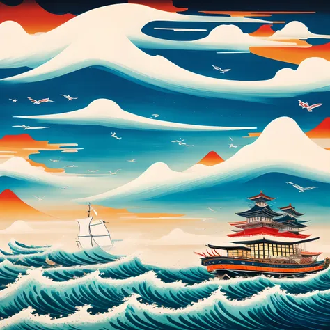 The best images, japanese painting, ukiyoe painting, Noahs Ark made of colorful origami, rough sea, Cloudy sky, Detailed and delicate depiction