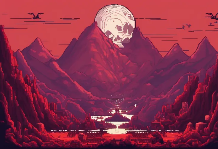 A mountain filled with dead monsters,blood moon,very detailed pixel art,futuristic,