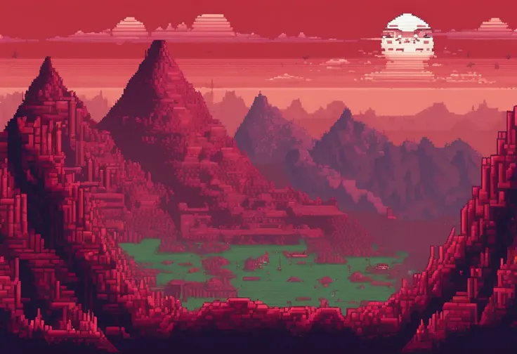 A mountain filled with dead monsters,blood moon,very detailed pixel art,futuristic,