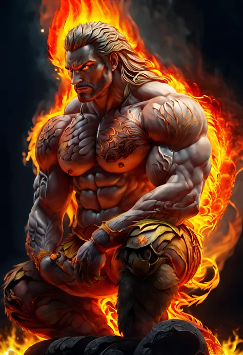 masterpiece,best quality,highres,Ken from street figher,bara,lifting fire ,naked,sitting ,erected big vein, fire around hands ,full of masculinity,manly,mature,handsome,huge,muscular,strong,in gym, street fighter, ken with long yellow hair (sf), nsfw